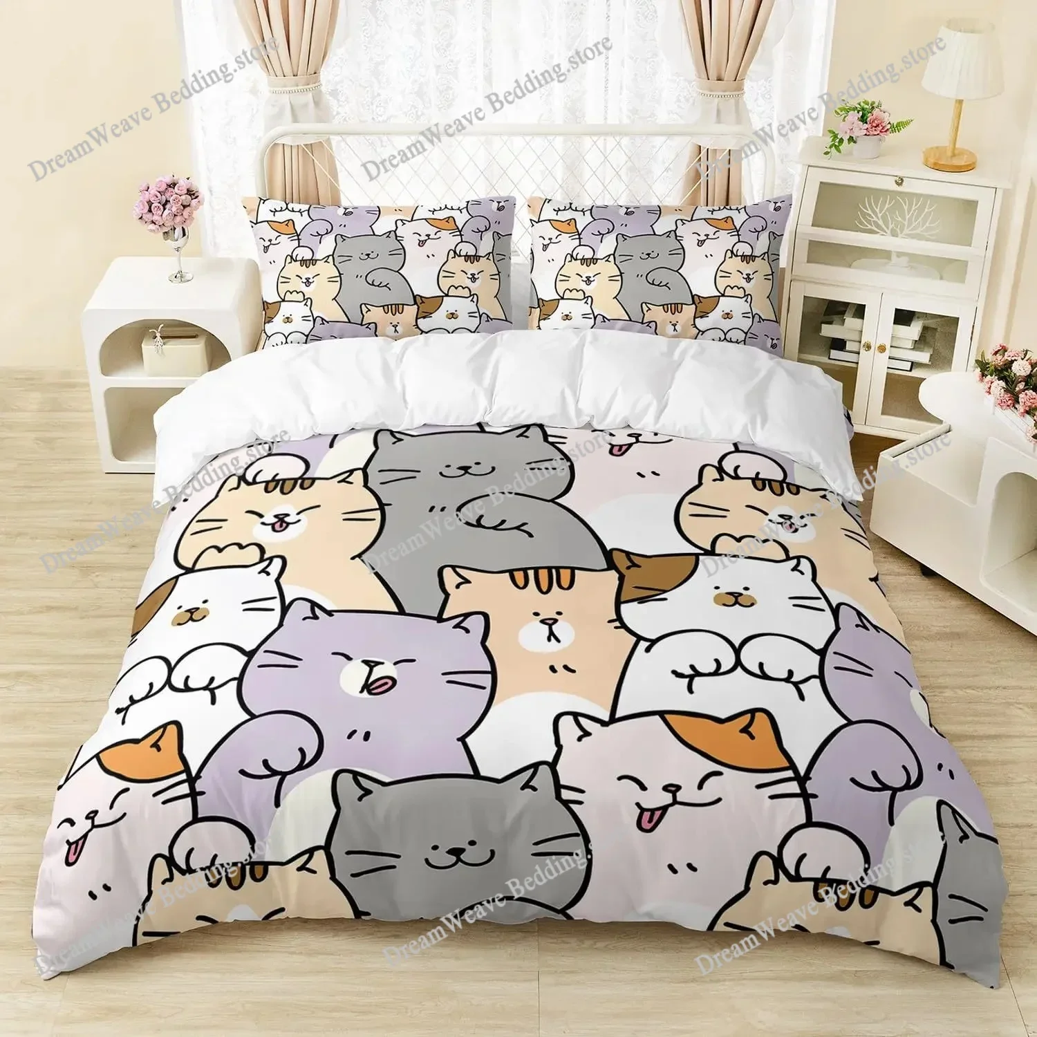Cartoon Cat Duvet Cover Set Full Size, Cute Cat Bedding Sets for Kids Girls, Blue Watercolor Cat Comforter Covers Set All Season 2