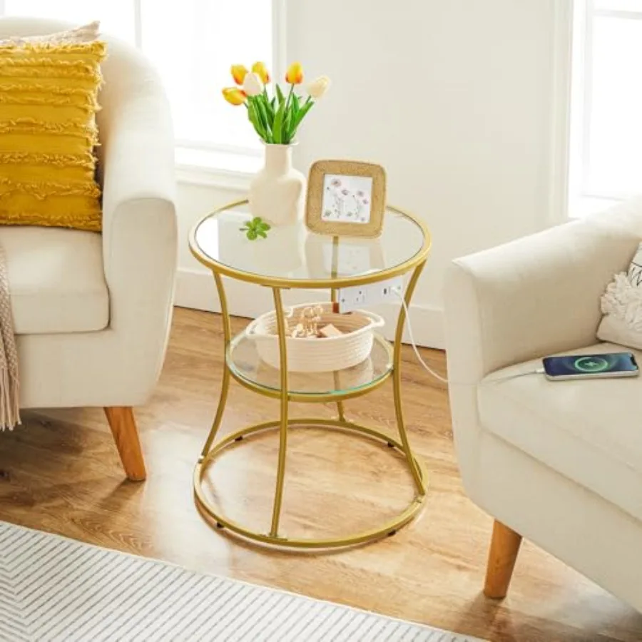 Round Coffee End Table with Charging Station 2-Tier Small Accent Side Table with Glass Tabletop Round Nightstand for Small Spac