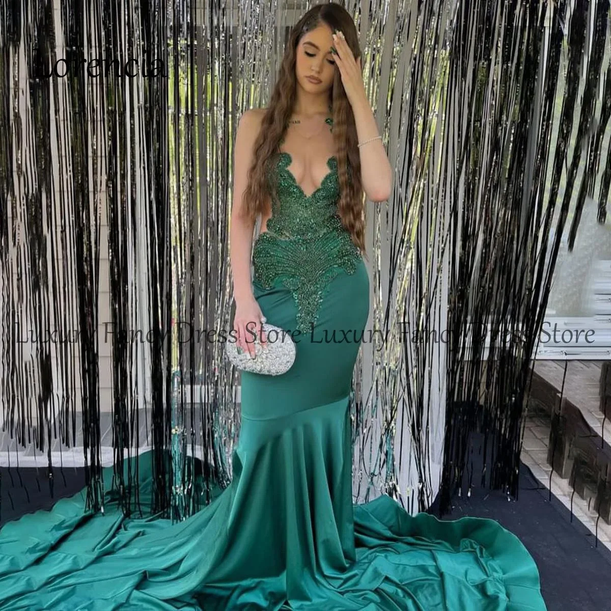 Vestido de fiesta de sirena con diamantes, Formal personalizado, 2024, purpurina transparente, cuentas de diamantes de imitación, volantes, vestido de fiesta de cumpleaños, vestidos formales