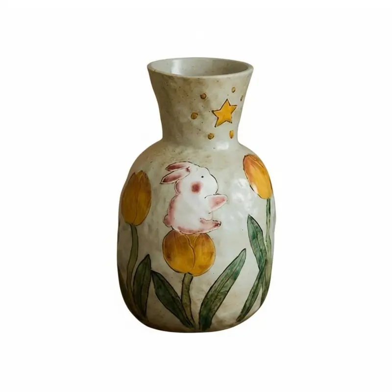 

Керамическая ваза, расписанная вручную с изображением зайца, винтажная китайская настольная ваза для цветов, гидропонный декор для гостиной, прихожей