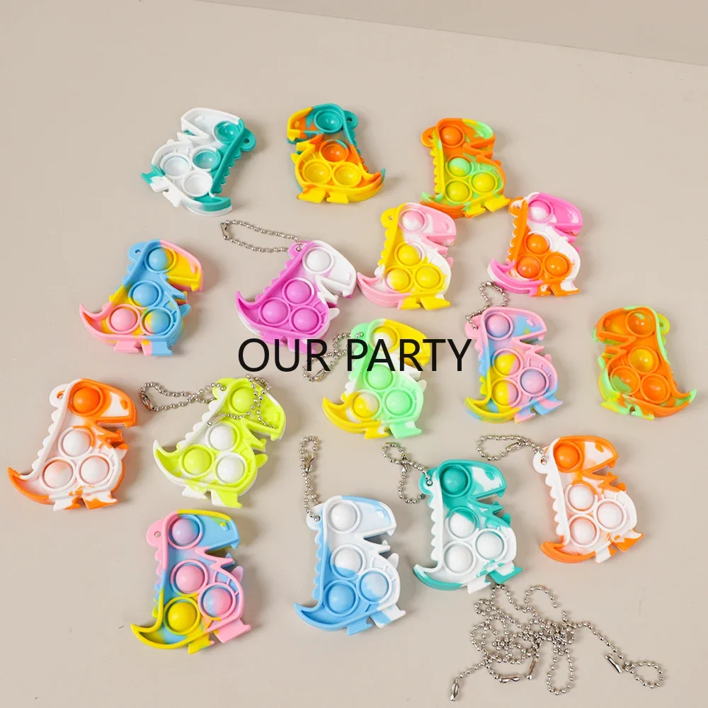 10Pcs Colorful Jungle Dinosaur Theme Pop Keychain Toddler Sensory Fidget Toy for Kids Birthday Party Favors Pinata Goodie Bag