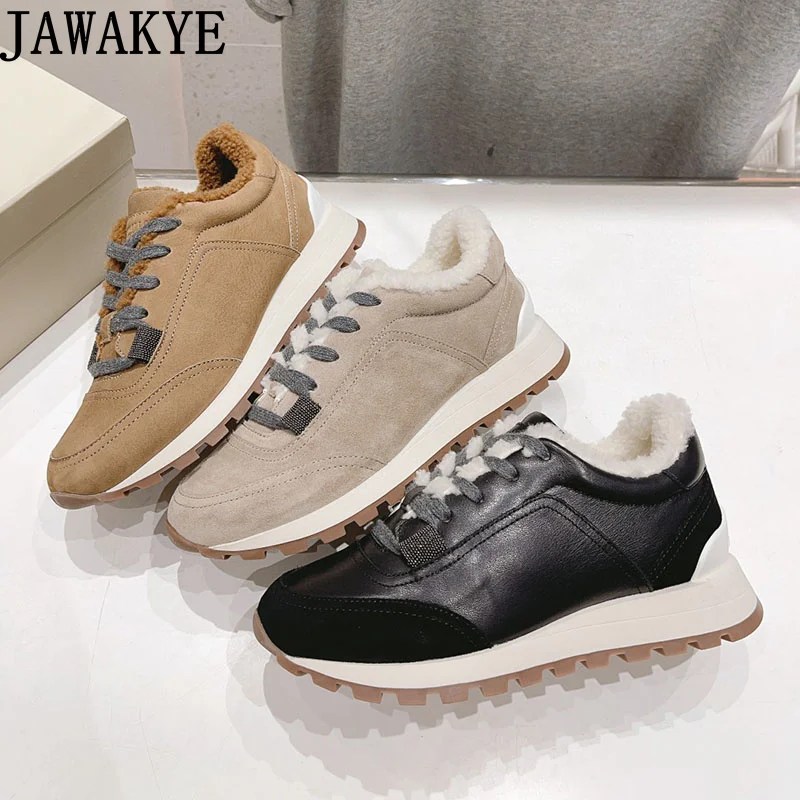 High Quality Real Suede Leather Fur Sneakers Winter Fashion Brand Mixed Color Platform Shoes Beading Walking Loafers Shoes