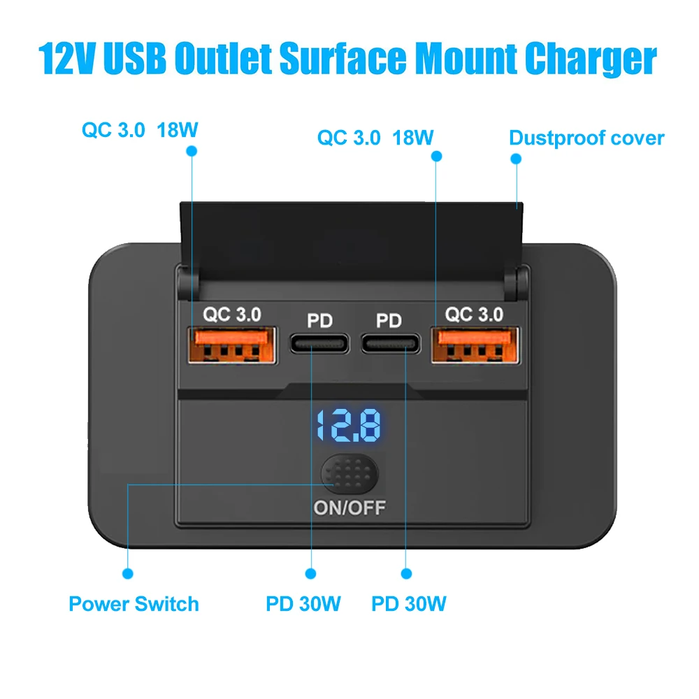 New 4 Ports Car Charger Socket Panel 12V/24V RV USB Outlet Dual QC3.0 PD Fast Charging Socket Accessories for Car Bus RV Truck