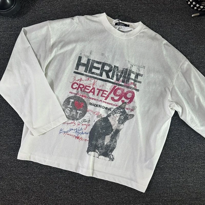 الشارع الشهير تي شيرت Y2K القط رسالة الرجعية الجرافيك طباعة المتضخم التي شيرت رجل إمرأة جولة الرقبة قميص قطني بكم طويل بلايز الخريف #2