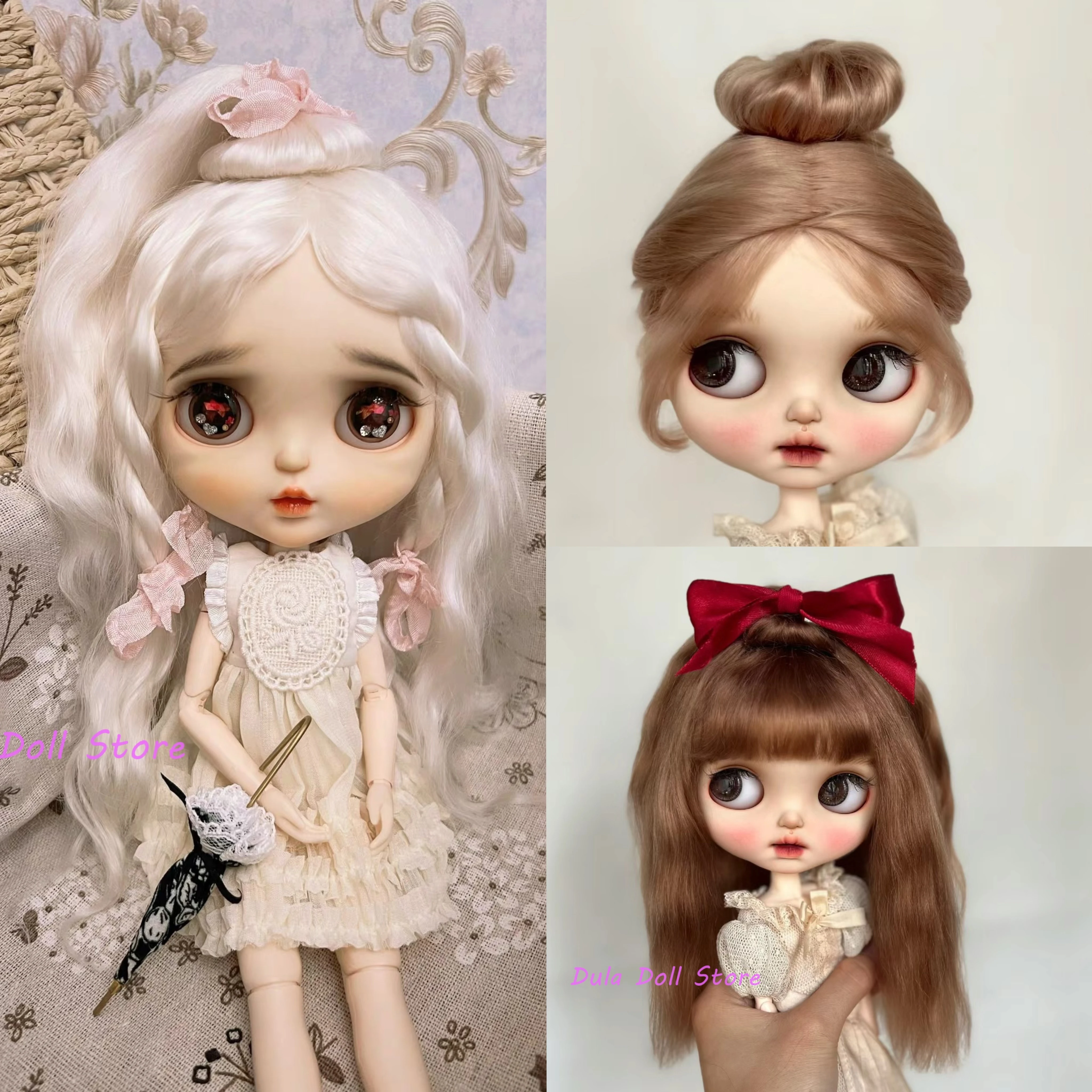 Dula Doll Wigs for Blythe Qbaby natural Mohair Bun on the top of the head hair hard seams for 9-10 inch head