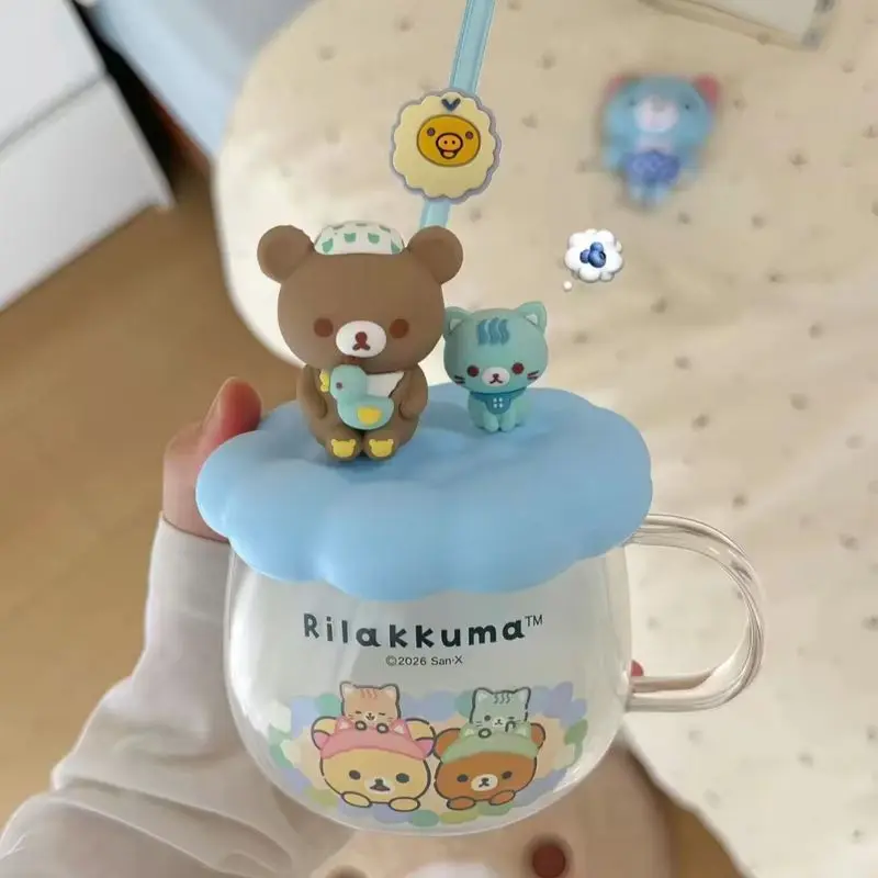 Rilakkuma Glass Water Cup With Lid Straw High Temperature Resistant Cute Cartoon Drinking Mug For Office Home Daily Use view 4