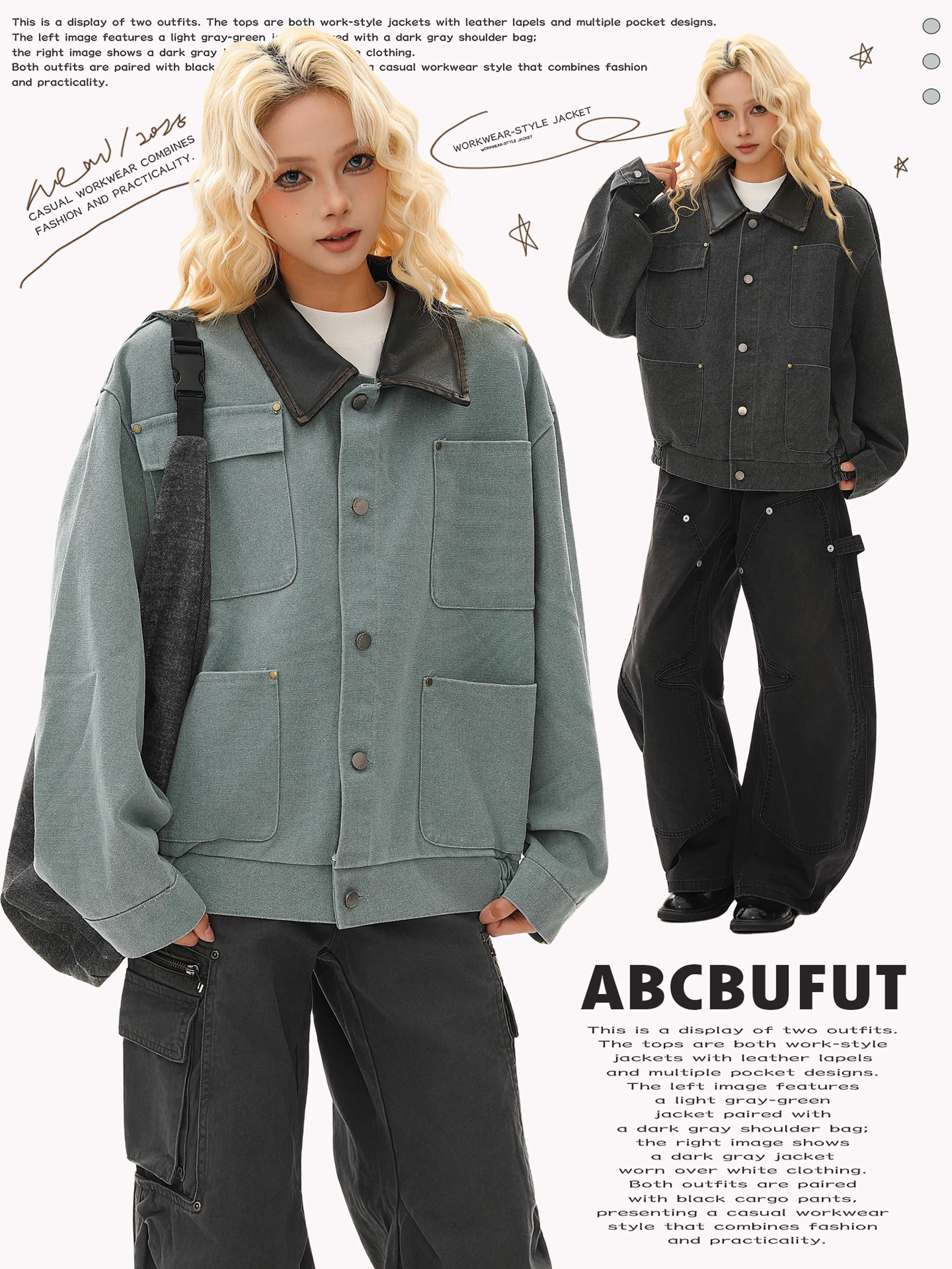 

Retro American Multket Workwear Leather Collar Jaet Men Women Design Sensation Versatile WornIn Sle Cotton Blend Coat