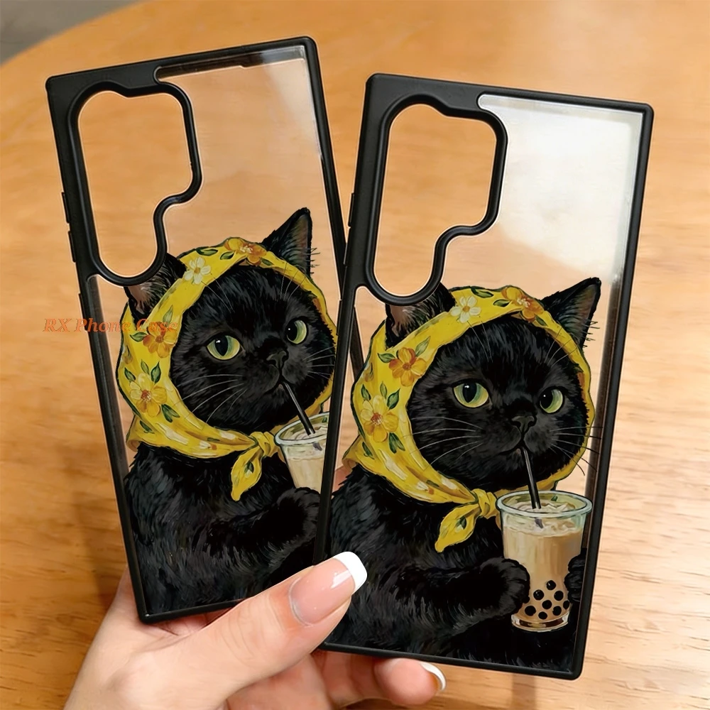 Cute Black Cat Sipping Milk Tea Phone Case For Samsung S26 Ultra S25 Ultra A56 A57 S24 FE A37 A18 A36 A08 Acrylic With Lanyard