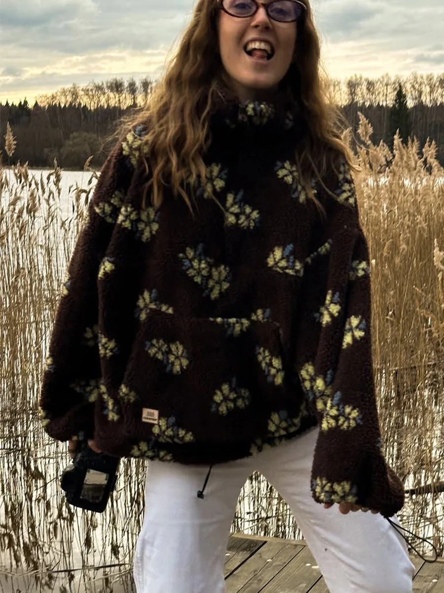 Blubelle الخريف الشتاء المرأة شيربا الأزهار هوديس نصف البريدي نمط فضفاض صالح الدافئة أنيق جديد البلوز #4