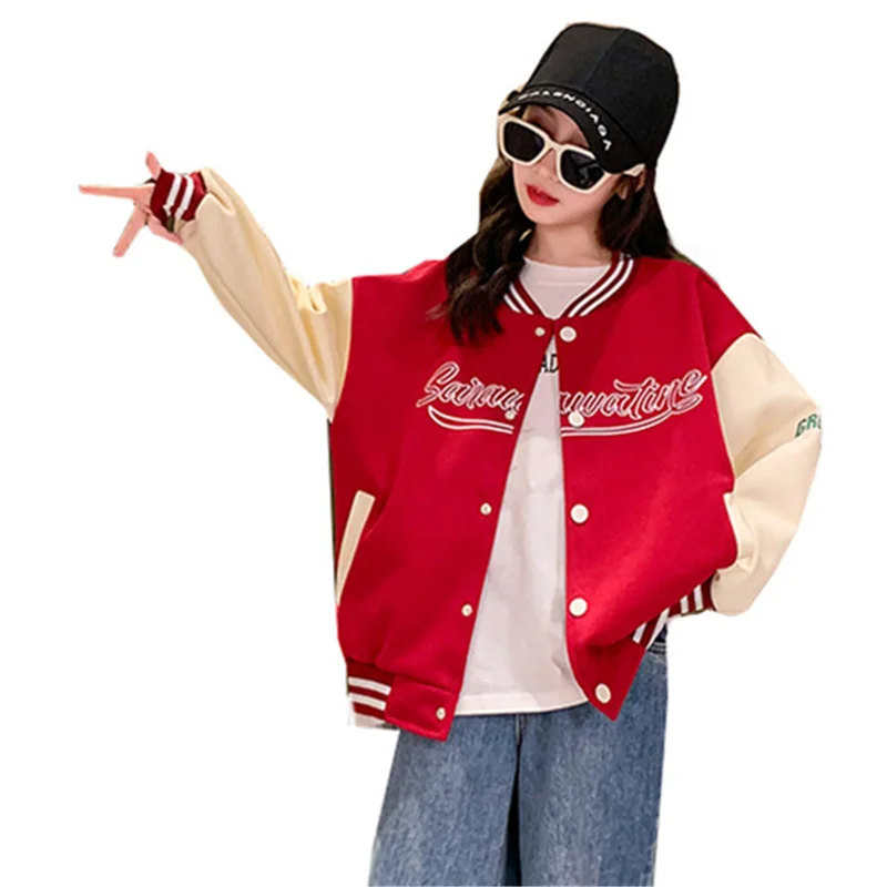 

Children Clothes New Arrival Teen Boys Girls Baseball Coats Black Red Fashion Letter Streetwear Sports Jackets 4 5 7 9 11 13 14Y