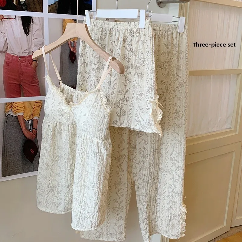 

Tee-Piece Women's Spwear Set Summer Sexy Bubble Cotton Long Pants with Chest Pad Home Clothes Sweet Cute Sle V-Ne Sl...