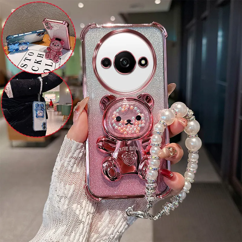 Niedliche Bären-Cartoon-Halterung mit Perlen-Lanyard-Riemen, stoßfeste Glitzer-Handyhülle für Xiaomi Redmi A3 Redmi3 A3x Poco C61 Rückseite