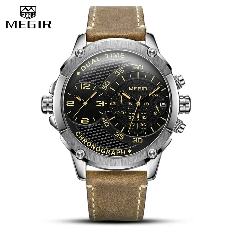 Herren Uhren MEGIR Luxus Große Zifferblatt Militär Sport Quarz Armbanduhr Männer Leder Casual Wasserdichte Uhr Männlich Relogio Masculino