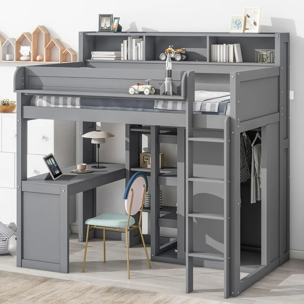 

Twin Loft Bed, Desk & Wardrobe, Solid Wood Loft Bed with Desk and Multiple Shelves, High Loft Bed Frame with Bookcase and Ladder