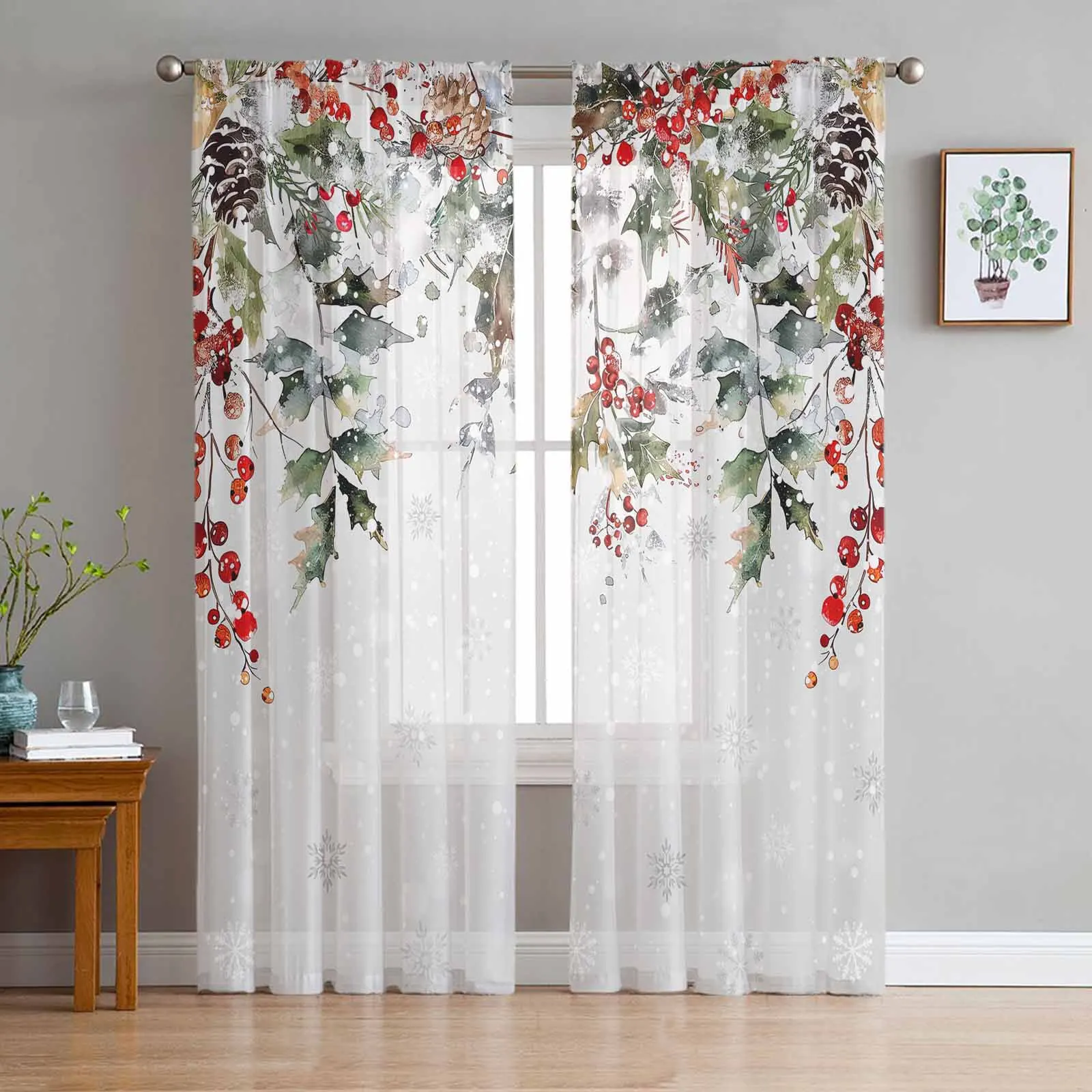 

Christmas Pine Berry Eucalyptus Leaf Snowman Sheer Curtains Modern Gauze Curtain for Living Room Bedroom Voile Yarn Curtains