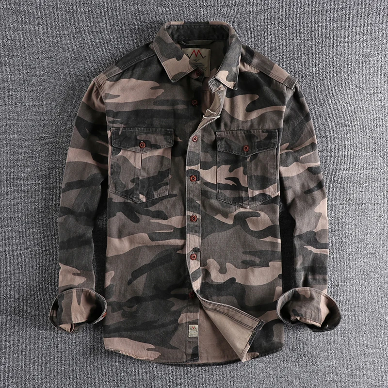 Fashion Wash camouflage n-style workwear long-sleeved shirt men's double pockets casual military youth blouse