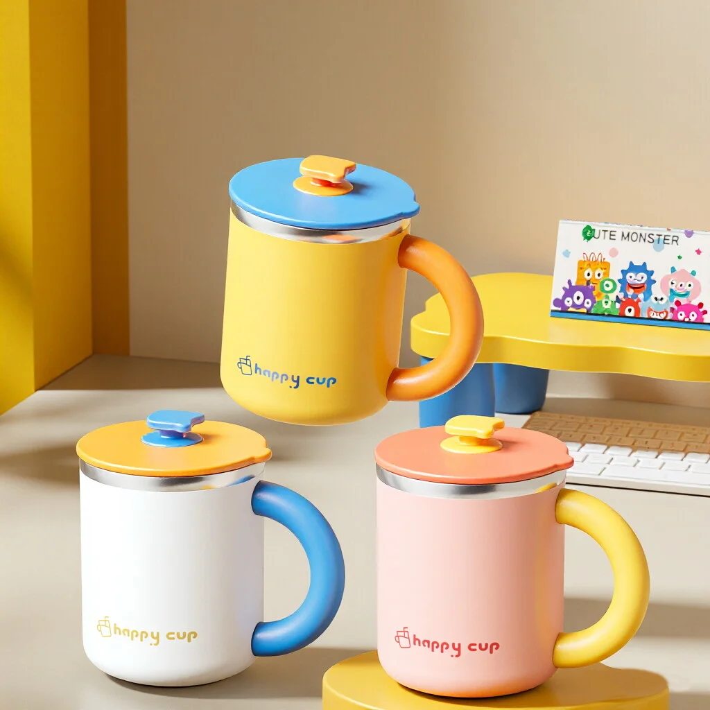 Tragbarer 304 Edelstahl Kaffeebecher Doppelwandiger Isolierbecher Mit Deckel und Griff Wiederverwendbarer Verbrühungsschutz Tee Milch Wasser Becher Büro
