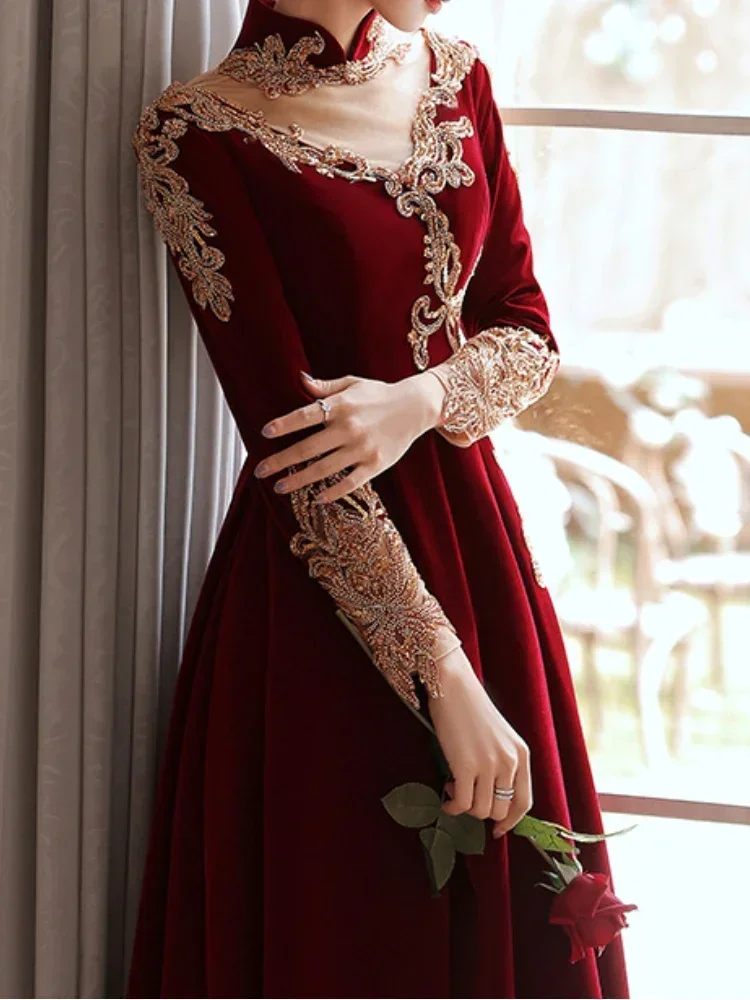 Fashion Chineses Velvet Lace Spliced Wedding Party Dresss Exquisite Sequin Floral Appliques Stand Collar Gown Slim Fit Vestidos