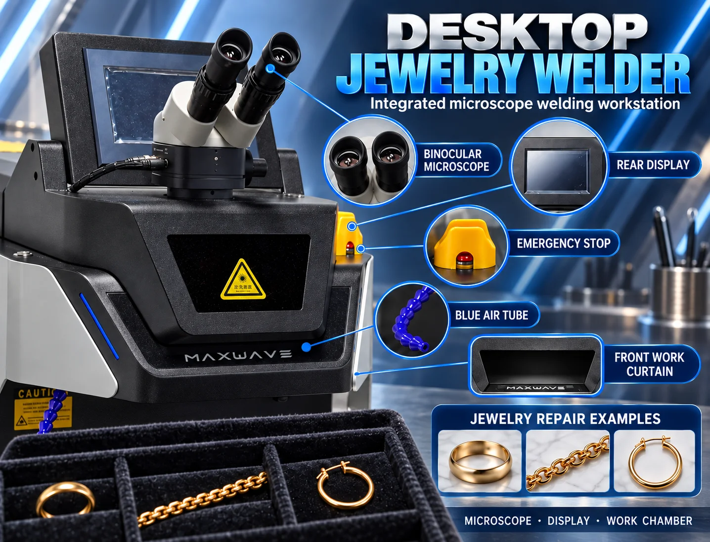 Jewelry Repair Laser Welder with Binocular Microscope, Blue Flexible Air Tube, Guarded Emergency Stop and Front Work Chamber