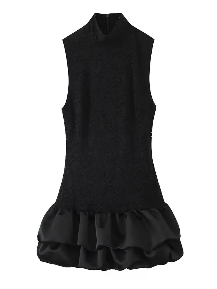 HH femmes hiver mode col montant épissé ​ ​ Robe courte en dentelle tempérament féminin robe noire polyvalente sans manches avec fermeture éclair