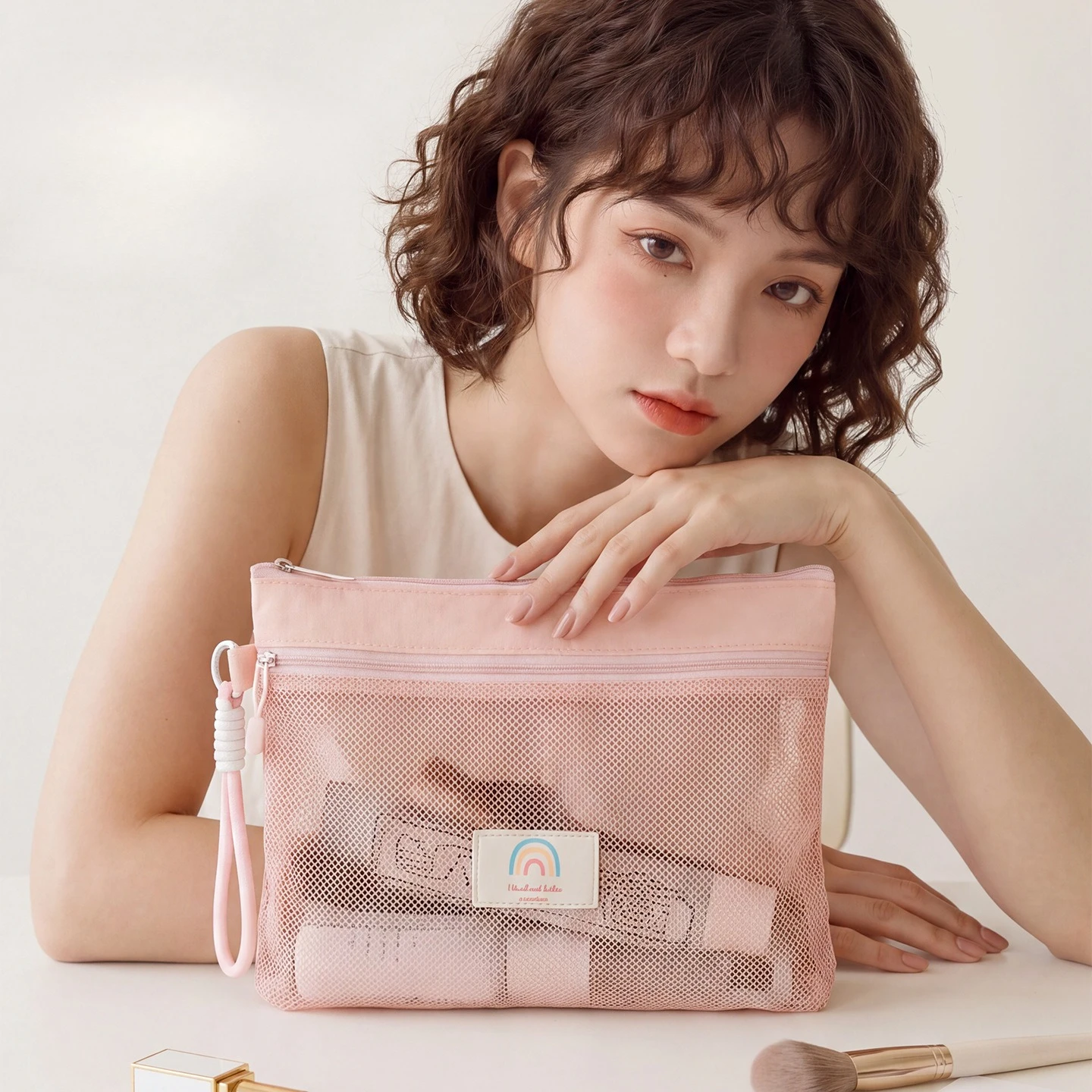 Cute Mesh Travel Storage Bag Portable Cosmetic Pouch Multi Size See Through Grid Makeup Bag Small Purse Document Organizer