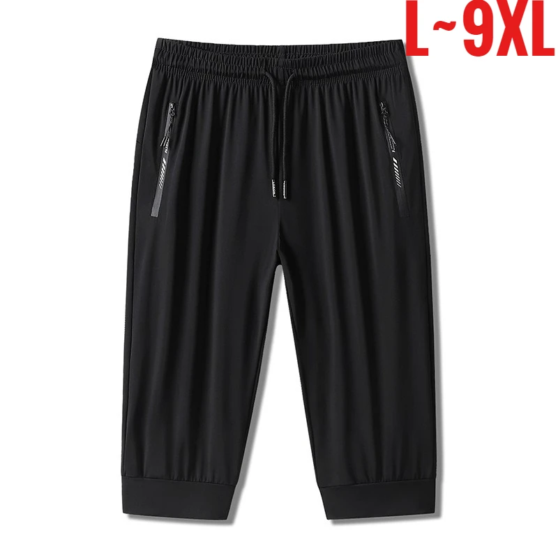 Big Size Men's Long Length Shorts Quick Dry 3/4 Pants Bermuda Male Ice Silk Summer Zip Pocket Plus Large 4xl 5xl 6xl 7xl 8xl 9XL