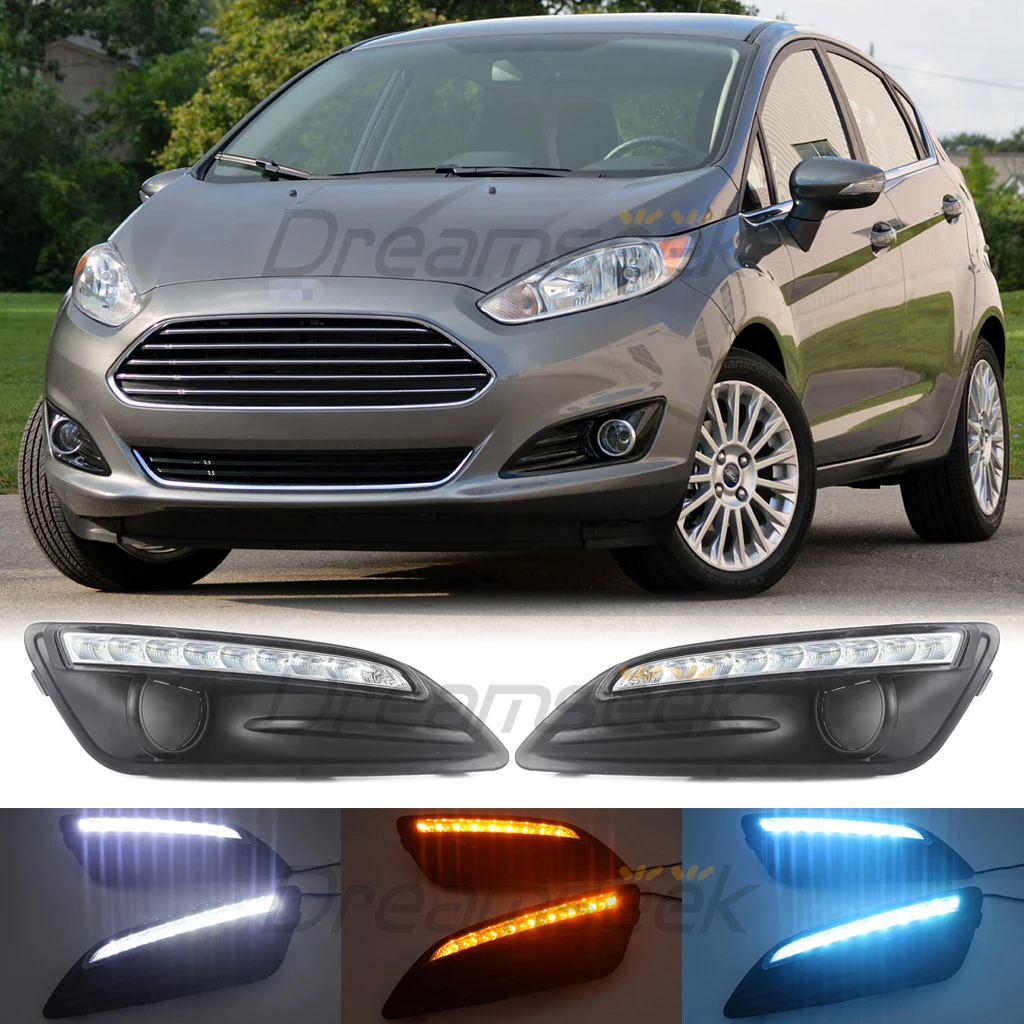 LED DRL Daytime Running Light For Ford Fiesta Pre-facelift Model 2013 2014 2015 2016 Fog Lamp Cover With Yellow Turn Signal #YM