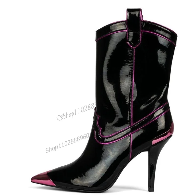 

Black Plus Size Western Style Boots Mid Calf Stilettos High Heel Women Shoes Slip-On Pointed Toe 2023 Sexy Zapatos Para Mujere