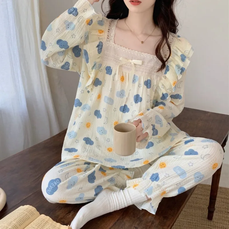 Conjunto de pijama feminino estampado de renda, manga comprida, roupa kawaii, calça da moda coreana, loungewear, primavera, outono