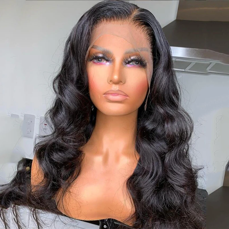 Perruque Lace Front Wig ondulée naturelle noire, 26 pouces, cheveux de bébé, pre-plucked, sans colle, longue et douce, densité 180, à la mode, pour femmes