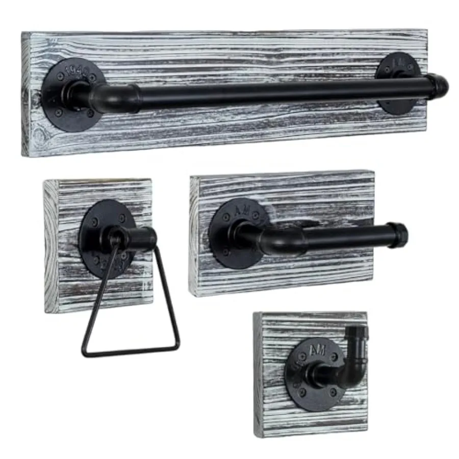 

4 Pcs Wall Mounted Bathroom Hardware Set, Rustic and Industrial Matte Black Metal Pipe Towel Ring, Robe Hook, Toilet Paper Hold