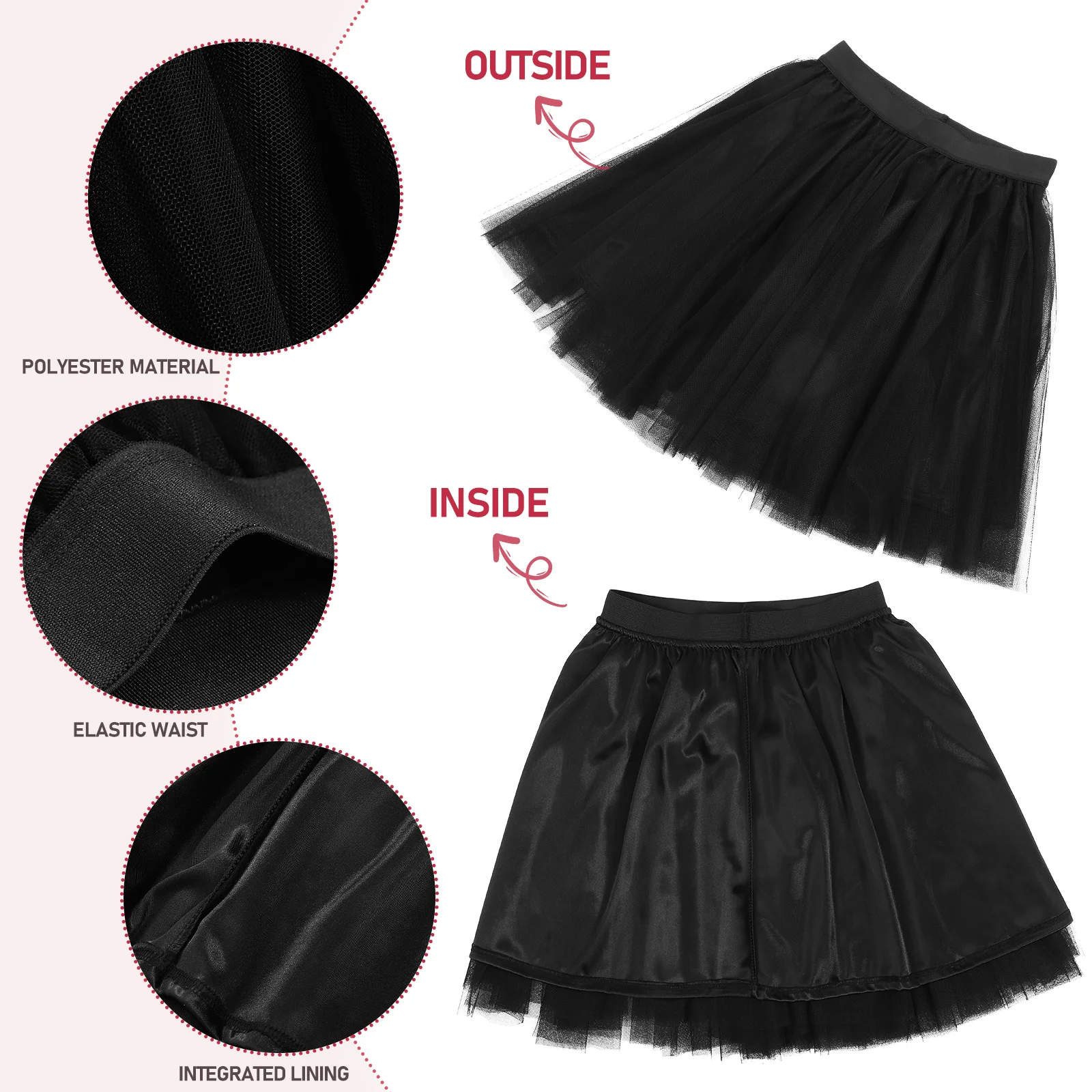 

High Waisted Tutu Skirt Women Adult Black Dance Knee Tulle Mesh Ballet Party Lightweight Elastic Waist Lining Washable