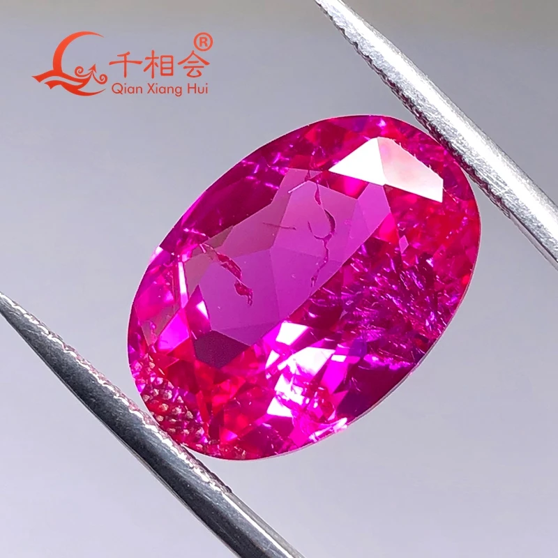 

Lab-grown ruby, oval natural cut, rose/morganite pink, natural inclusions, ideal for unique jewelry designs.