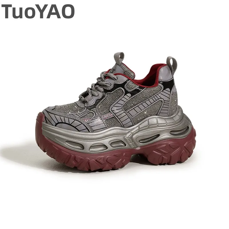 

9cm 2025 Synthetic Microfiber Leather Women Autumn Flats Chunky Sneakers Spring Bling Vulcanize Platform Wedge Shoes
