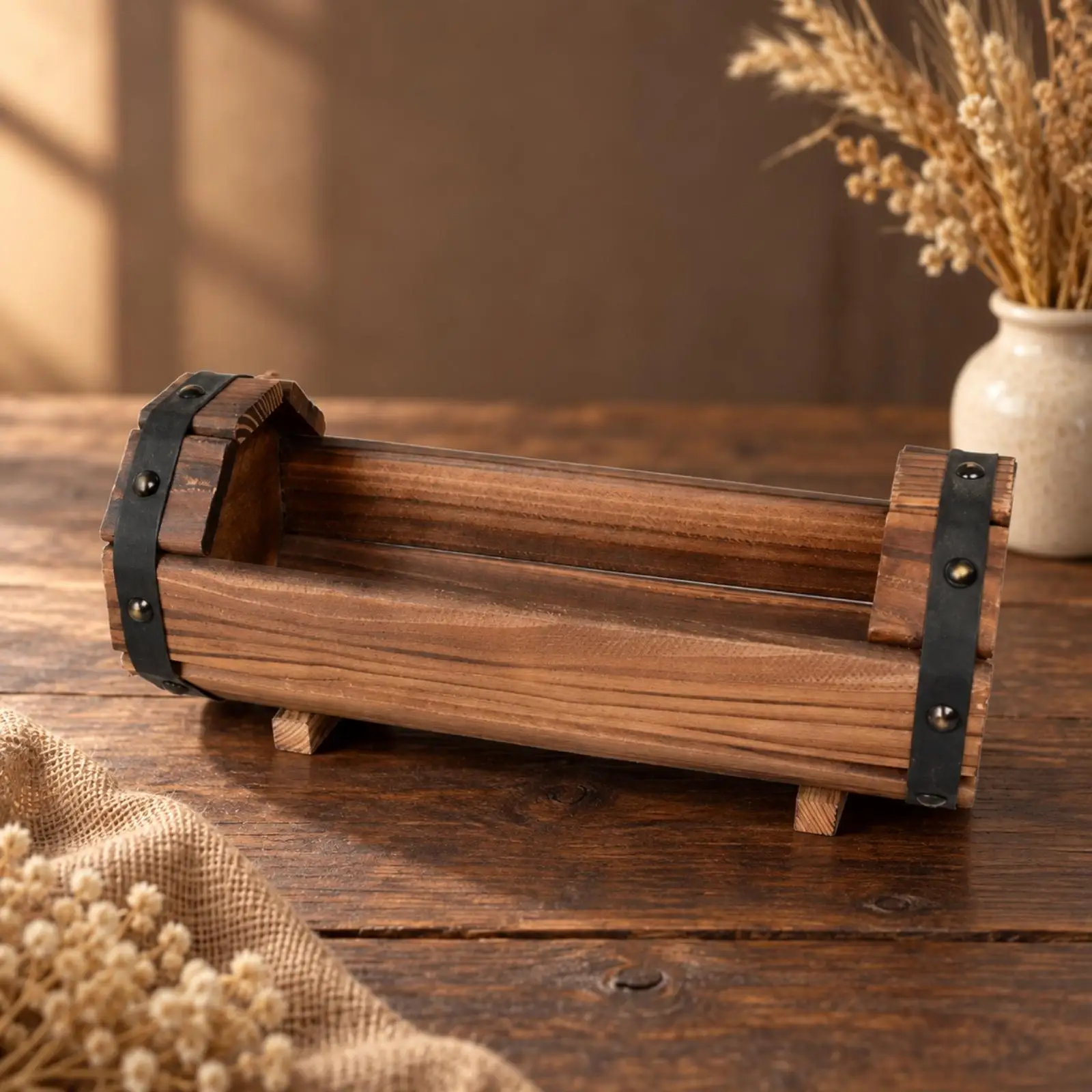 Large Outdoor Wooden Planter Trough for Vegetables Flowers with Metal Bands for Porch Entryway Display