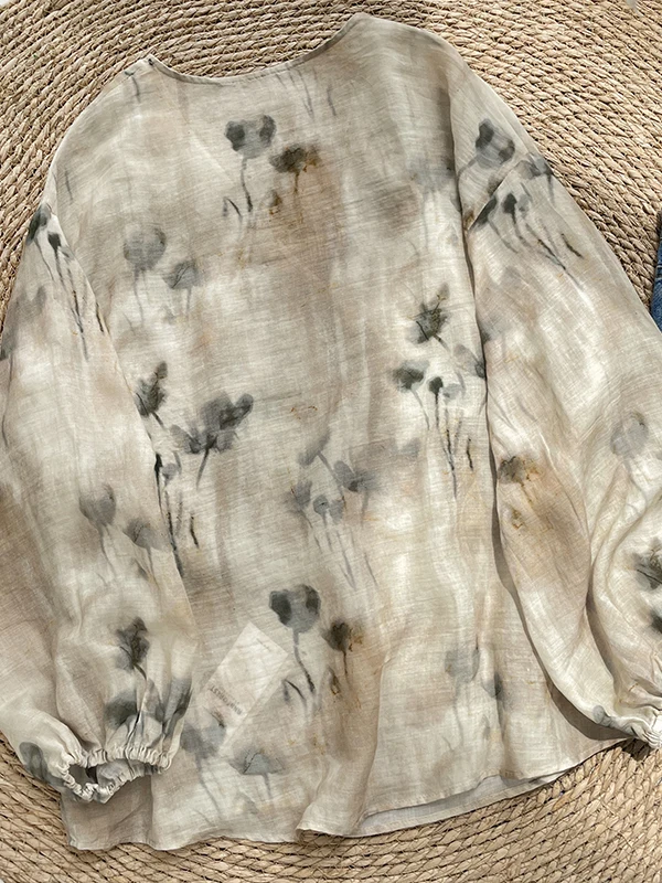 

Retro Cotton Linen Print Asymmetrical irt Women's Summer Ele Top Sun Protection Cardigan Breathable Loose Fit Long S...