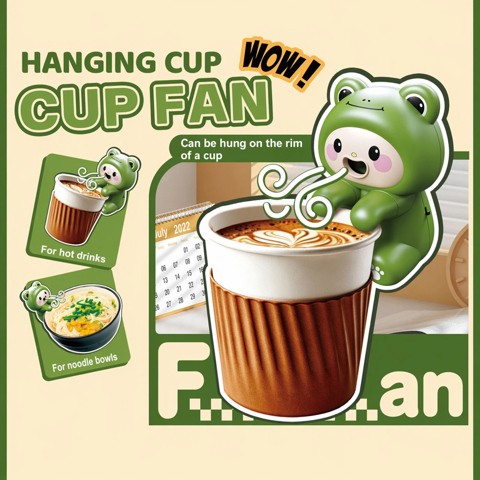 Cute Cartoon Frog Fans with Data Cable USB Rechargeable Food Cooler Mini Hanging Cup Fans for Kids Meal Office Desktop Gathering view 6