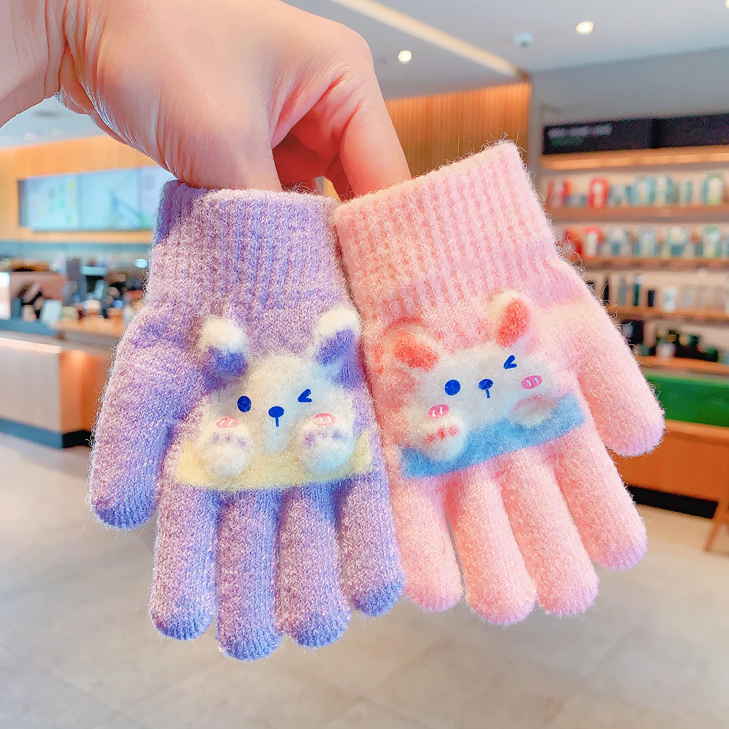 Neue Winter-3D-Cartoon-Hasen-Handschuhe für Mädchen und Jungen, Weiche Gestrickte Elastische Manschette, Warme Winddichte Kleinkinder-Handschuhe, Kinder-Accessoires – Detail 6