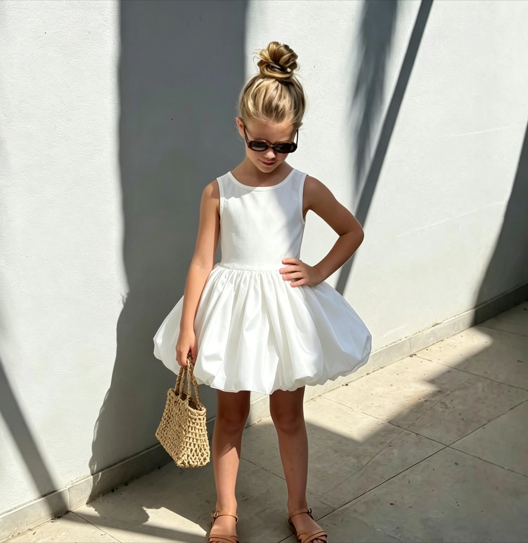 New Girls Flower Bud Sleeveless Dress Children Clothing Girls Summer Vest Princess Small White Dress
