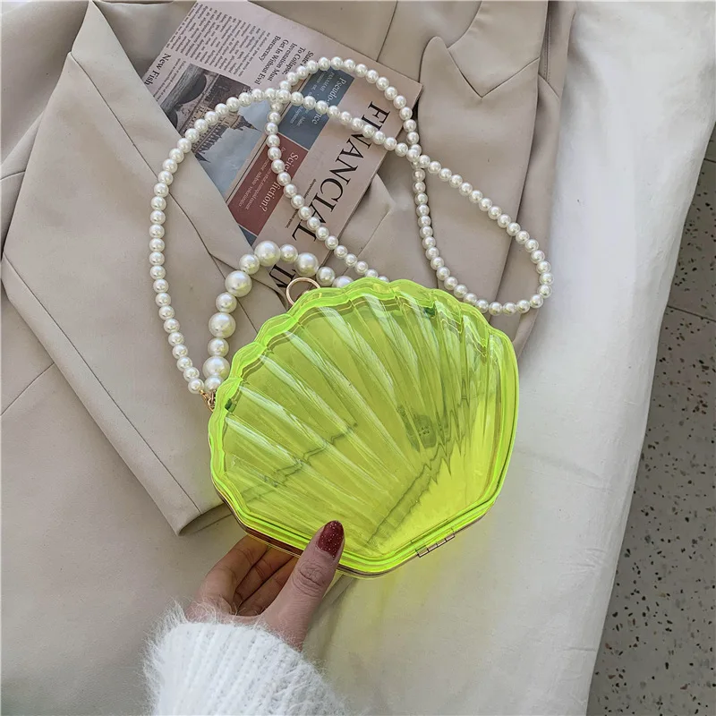 Transparent Acrylic Shell Shape Bag Summer High Quality Pvc Women\'s Designer Handbag Pearl Strap Shoulder Messenger Clutch Bag