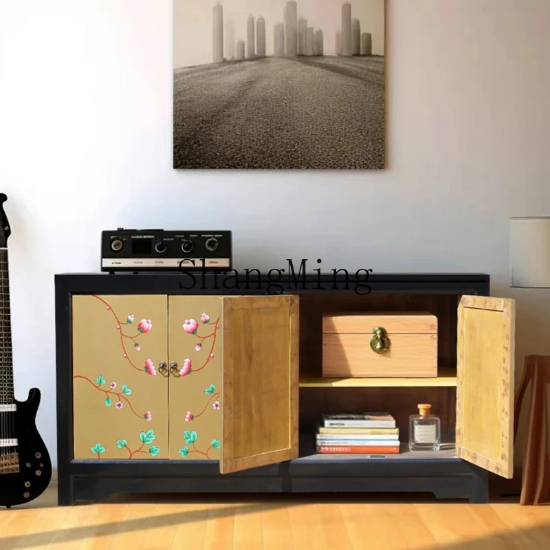 

SM Chinese retro painted solid wood four-door side cabinet, living room storage cabinet, decorative storage cabinet