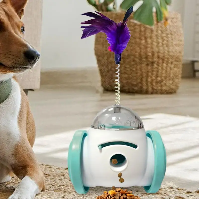 Bola dispensadora de comida para mascotas, juguete interactivo con pluma, dispensador de golosinas para perros y gatos