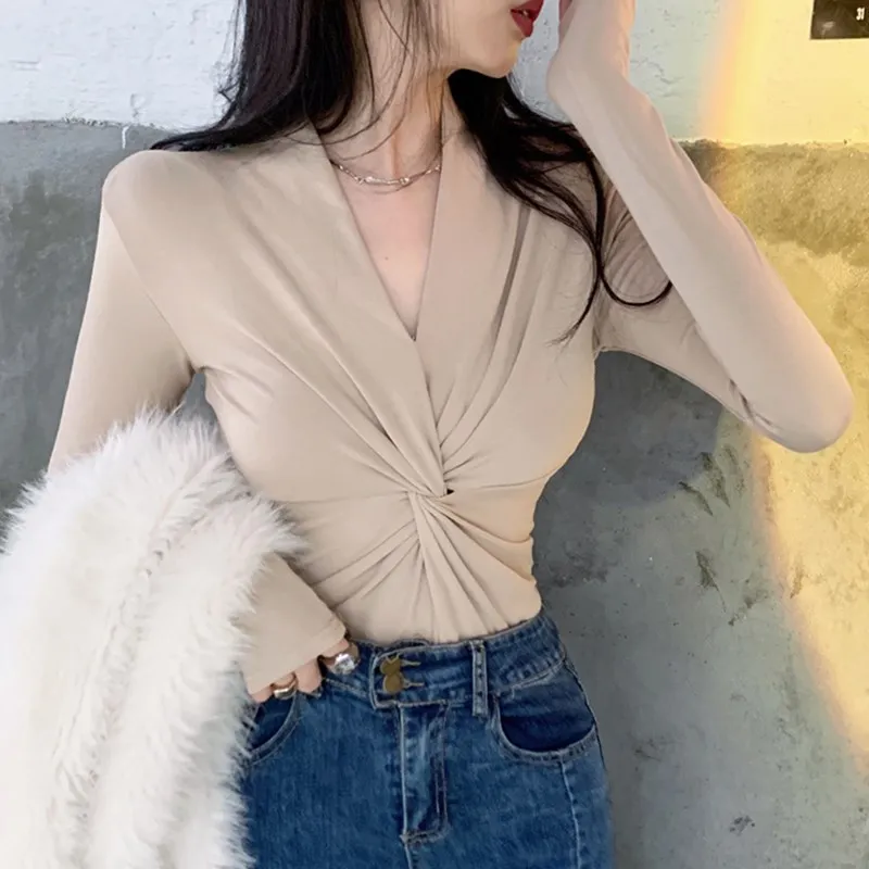 Fashion Women S-2XL Deep Kink V-Neck Long-Sleeve T Shirts Office Lady Sexy Top Tees Solid Color T-Shirt Clothing Party Canonical