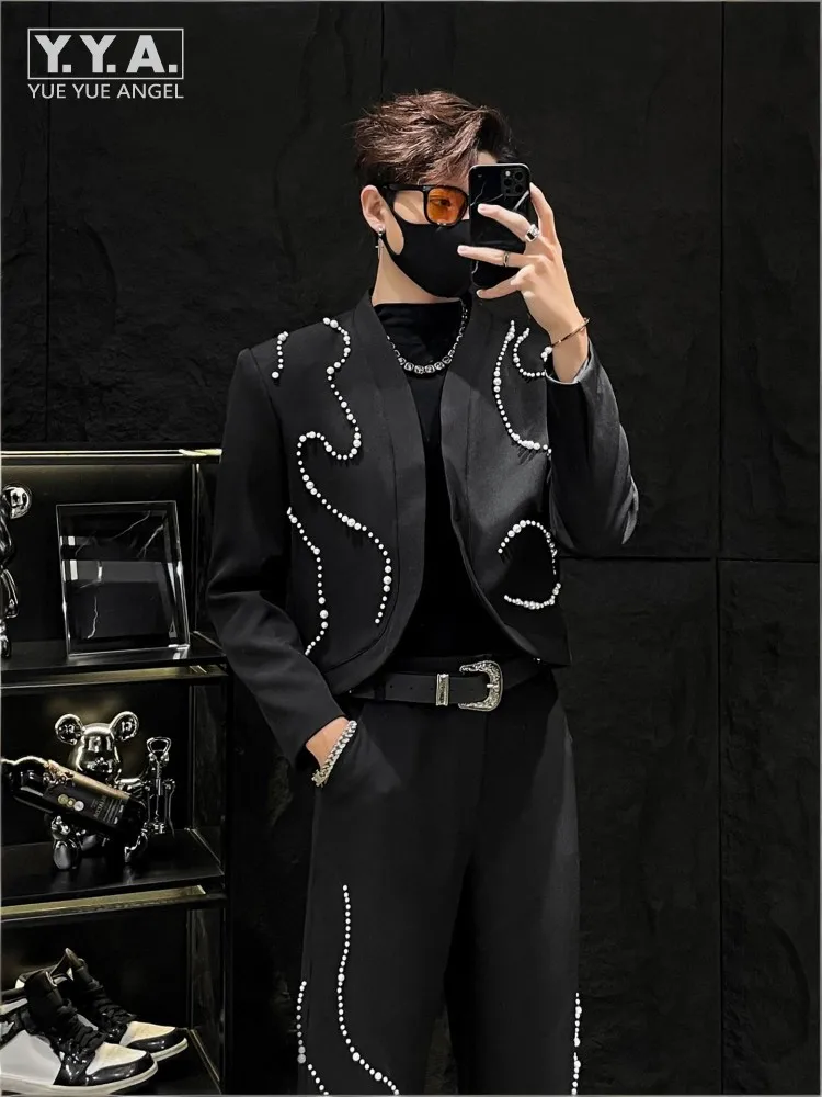 

New Casual Mens Business Black Loose Fit Pearl Patchwork Retro Single Breasted Blazers Straight Pants Two Piece Set Office Men
