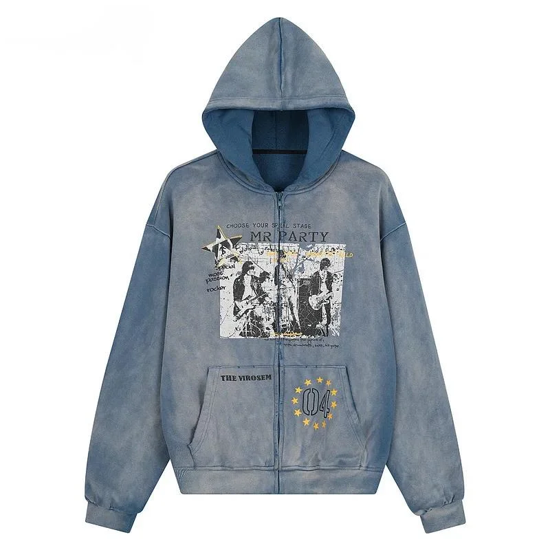 American Washed Vintage Distressed Hooded Sweatshirt Men's Fashion Printed Zipper Cardigan Top 2026 Spring New 2A5M3