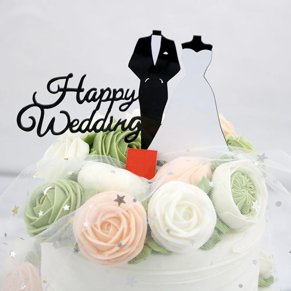

2Pcs Cake Toppers Black Acrylic Decorative Wedding Theme Newly Married Couple Pattern Perfect Birthday Wedding Party Cake Insert