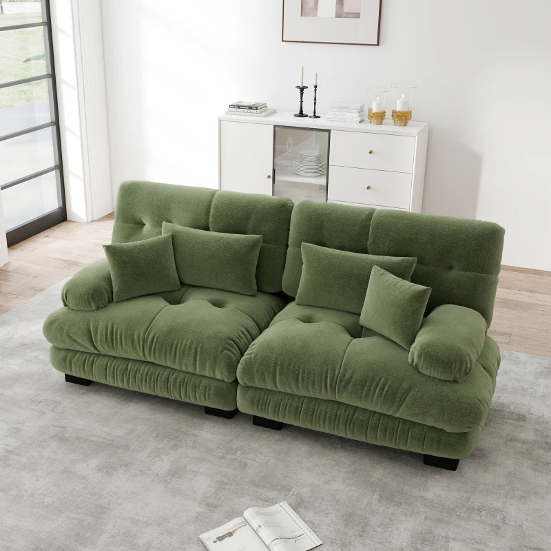 Canapé d'angle Nuage 220 x 95 x 85 cm, revêtu de tissu chenille vert, structure stable en bois massif, deux coussins lombaires et deux coussins décoratifs, design moderne minimaliste, parfait pour