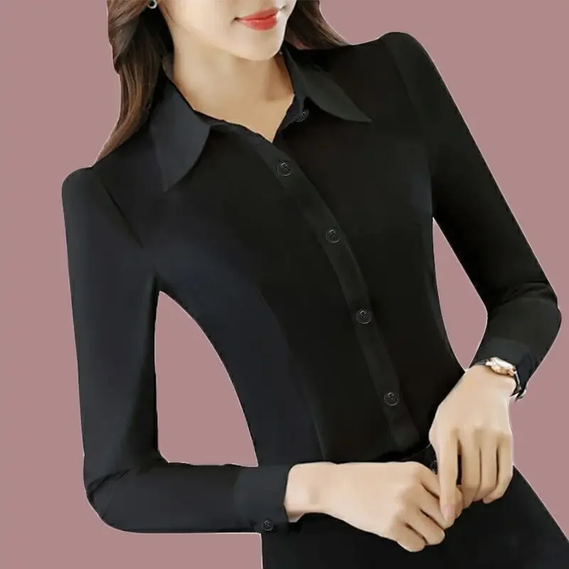 Women's Long Sleeve Black White Shirt Slimming Professional Korean Style Spring Autumn Top Base Layer Workwear Shirt