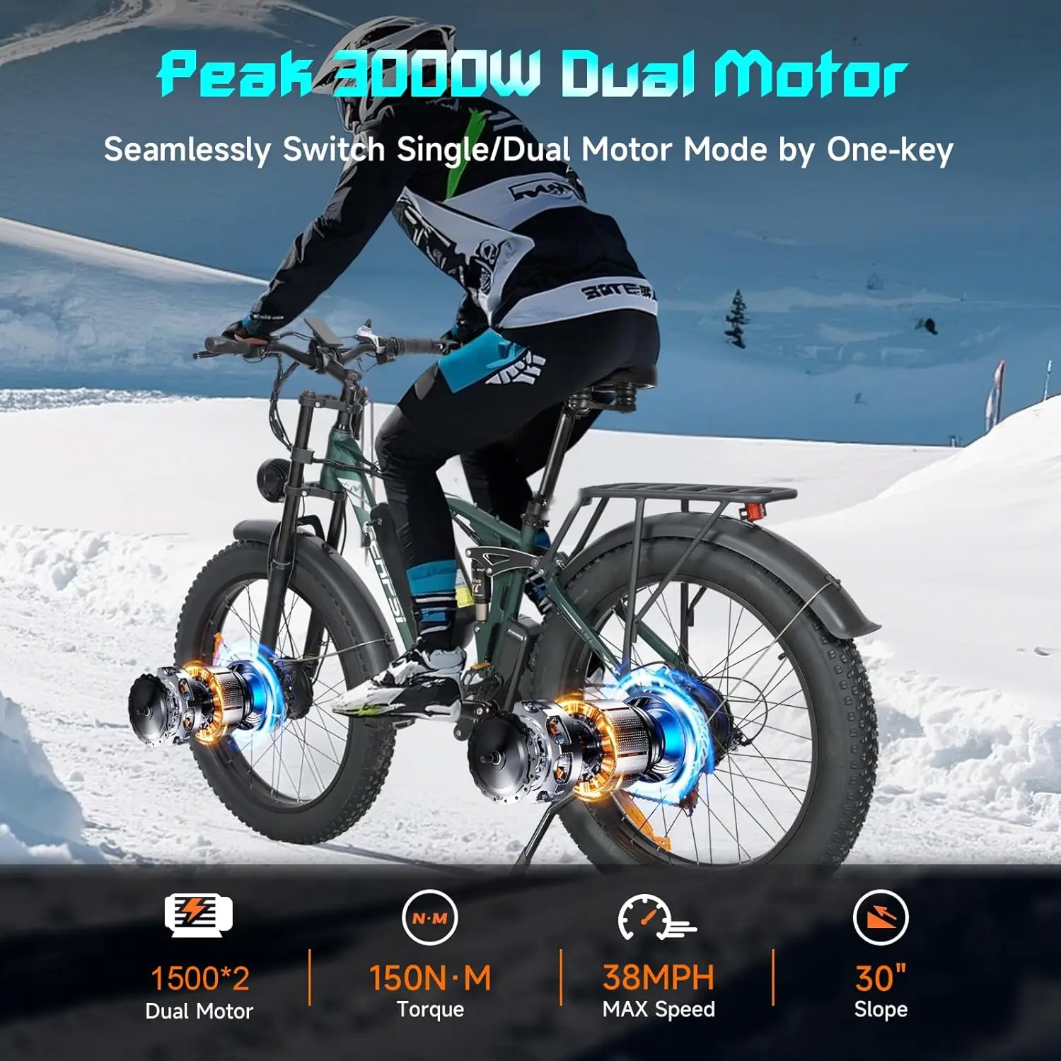 【1-летняя гарантия】Электрический велосипед для взрослых BAOLUJIE 2603, 3000 Вт, 35 миль в час, съемный аккумулятор 52 В, 32 Ач, электрический велосипед 26 дюймов, электрический велосипед