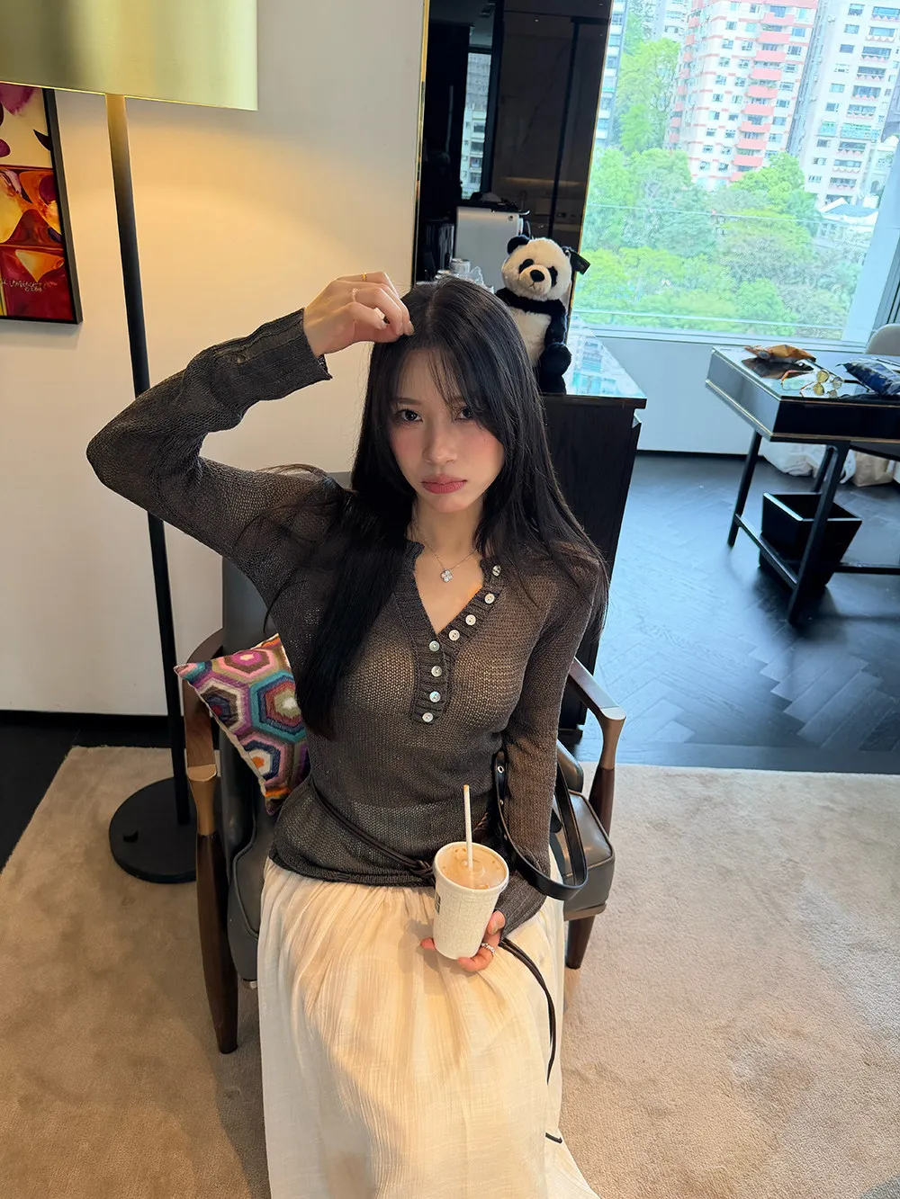 

2026 Summer New Linen V-neck Long Sleeve Sun Protection Knitted Sweater Women Slim Fit Casual Style Single Piece Thin Model